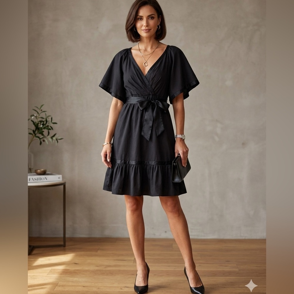 Bebe Black Silk Trim Flutter Sleeve Wrap Dress Ruffle Hem Belted V-Neck Size M